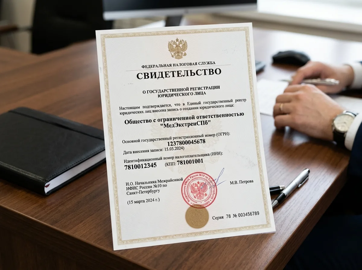 Свидетельство о государственной регистрации юридического лица — официальный документ налоговой службы с гербовой печатью, ОГРН и ИНН организации ООО МедЭкстренСПб
